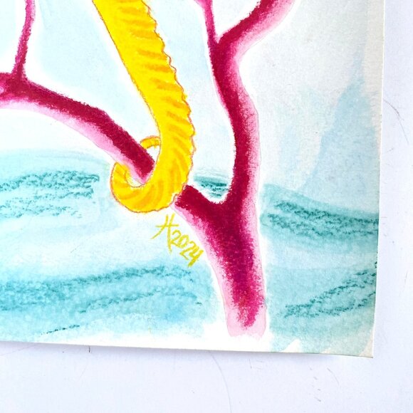 Yellow Seahorse Underwater Original Painting Acrylic Wall Art 11x14in Matted - Picture 6 of 10